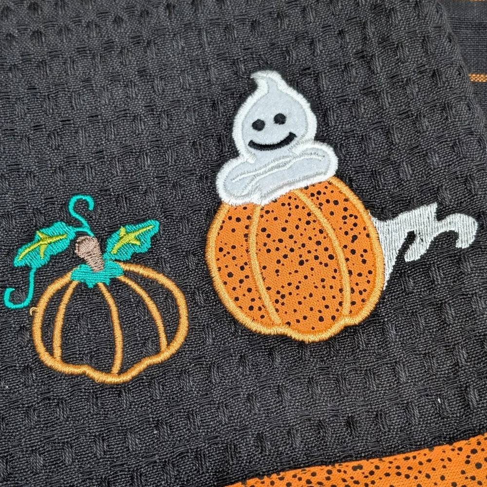 Halloween Kitchen Towels, Black & Orange, Cute Ghost Applique